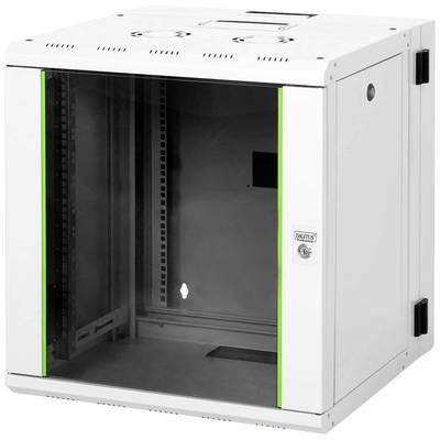 Une armoire réseau blanche vide avec une porte transparente et des lignes d'accentuation vertes sur les côtés.