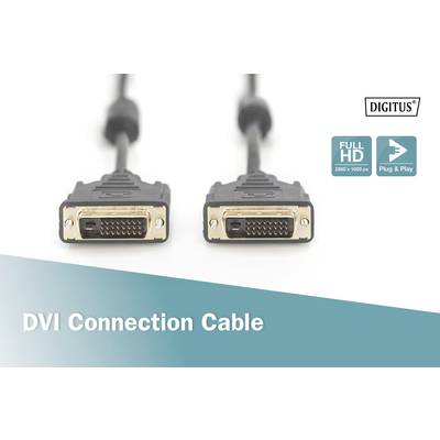 Câble de connexion DVI montrant deux fiches DVI en gros plan. Inscriptions : « DIGITUS », « FULL HD », « Plug & Play ».