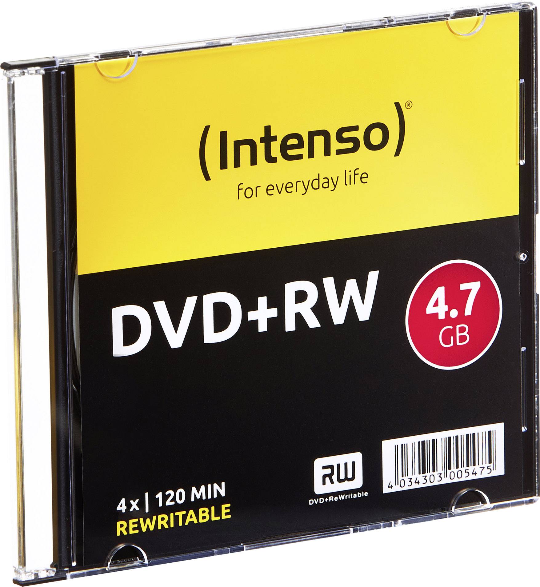 Un boîtier DVD+RW Intenso avec 4,7 Go d'espace de stockage, réinscriptible, vitesse 4x, adapté pour jusqu'à 120 minutes de vidéo.