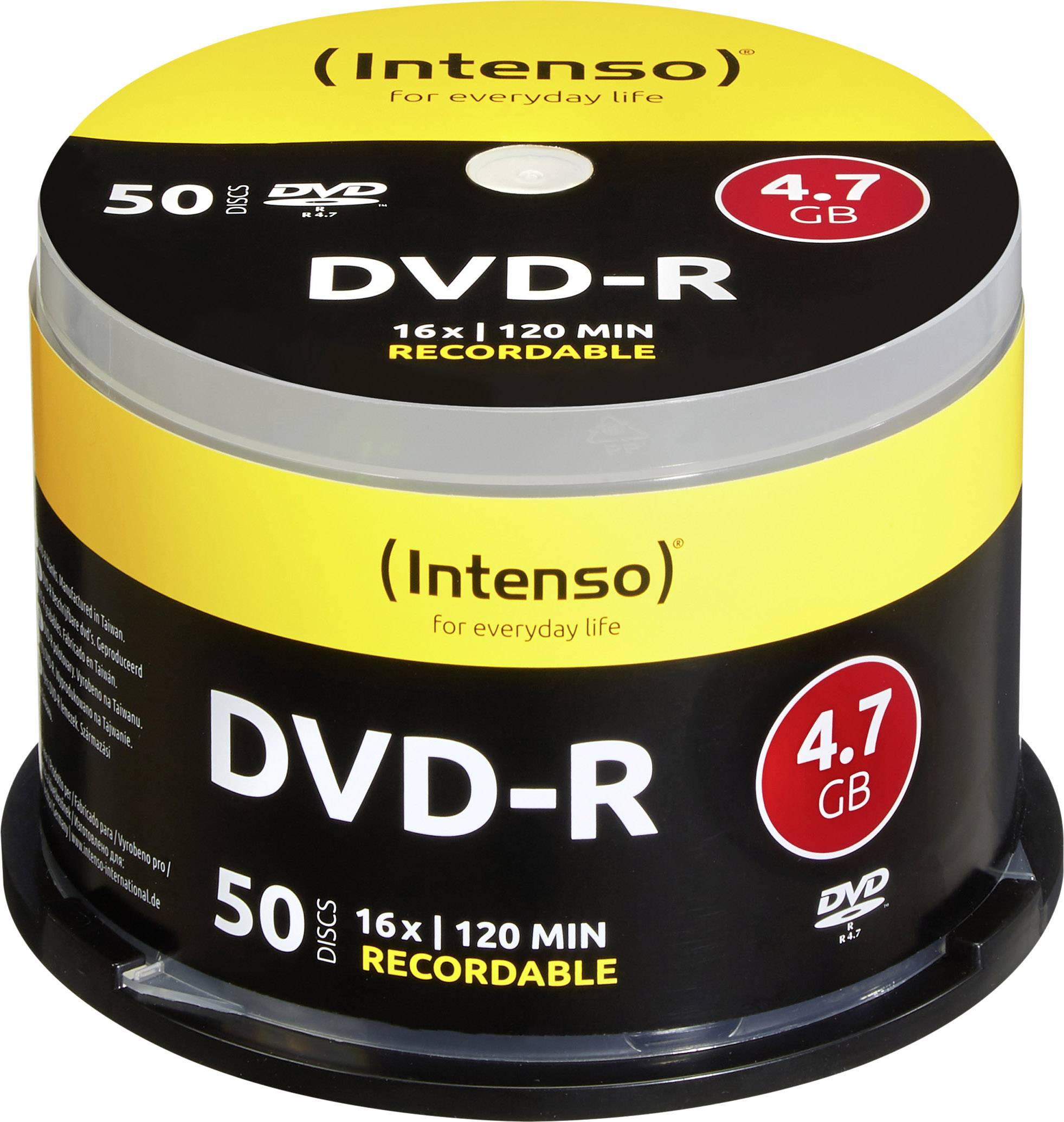 Lot de 50 DVD-R Intenso, capacité de 4,7 Go par disque, adaptés à l'enregistrement. Emballage en noir et jaune.