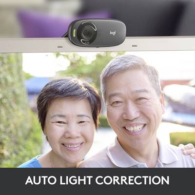 Un couple souriant au centre de l'image. Une webcam en haut. Texte : 'Ajustement automatique de l'exposition'.