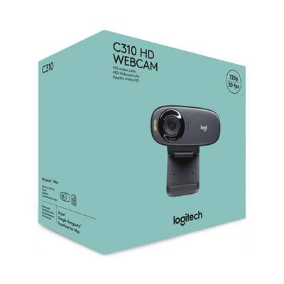 Une boîte de webcam portant l'inscription « C310 HD Webcam ». Les caractéristiques principales sont 720p, 30 fps et la compatibilité avec Chromebook.