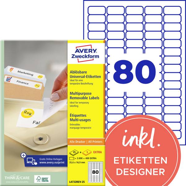 Etiquette universelles Avery-Zweckform L4732REV-25 35.6 x 16.9 mm papier blanc 2400 pc(s) décollable