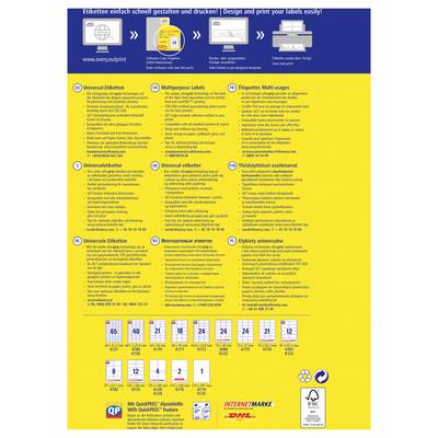 Flyer promotionnel jaune pour l'impression d'étiquettes en ligne, intitulé « Concevez et imprimez vos étiquettes facilement ! », présentant six types d'étiquettes, des icônes de tarification et des logos de marques comme QuP, DHL et FSC.