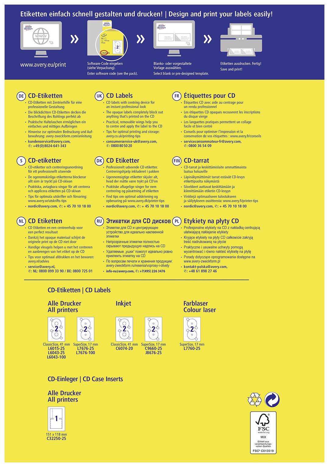 'Instructions pour la conception et l'impression d'étiquettes de CD dans plusieurs langues, avec des pictogrammes pour les étiquettes de CD et les types d'imprimantes.'
