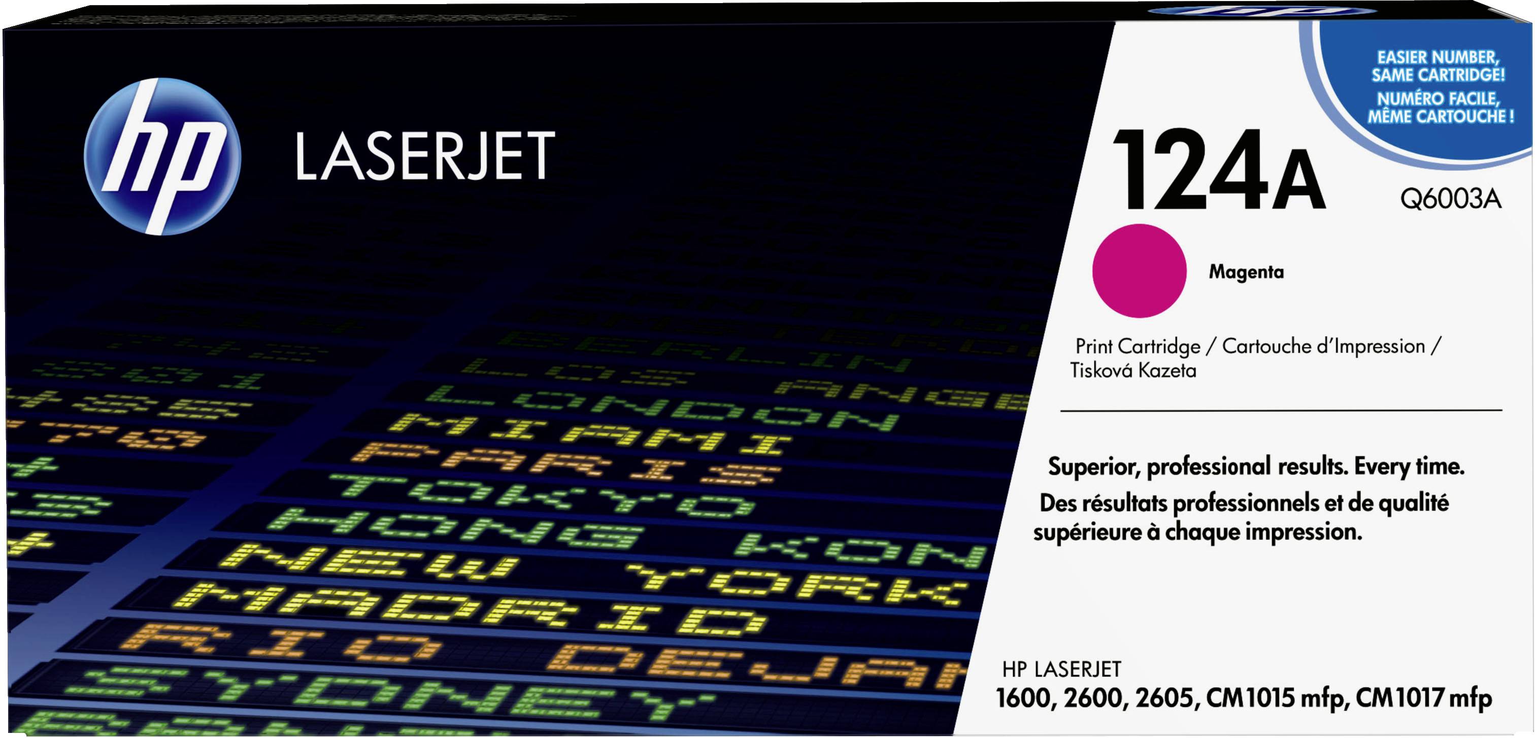 Boîte de cartouche de toner magenta HP LaserJet 124A, référencée Q6003A, avec le texte « Résultats supérieurs et professionnels. À chaque fois. » et les modèles d'imprimantes compatibles listés.