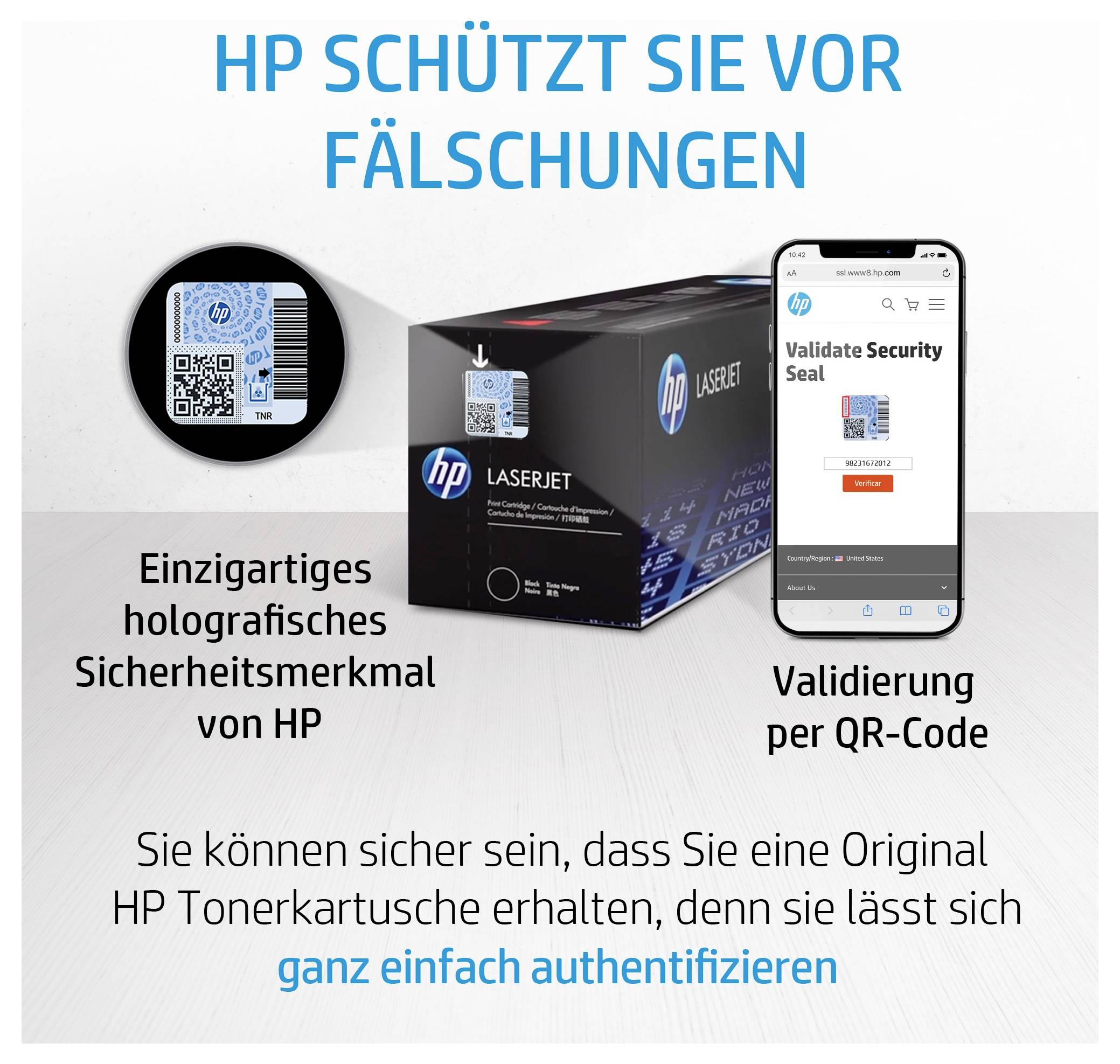 HP fait la publicité d'une vérification anti-contrefaçon pour les cartouches de toner, montrant une étiquette de sécurité holographique et une validation par code QR sur une boîte LaserJet et un téléphone.