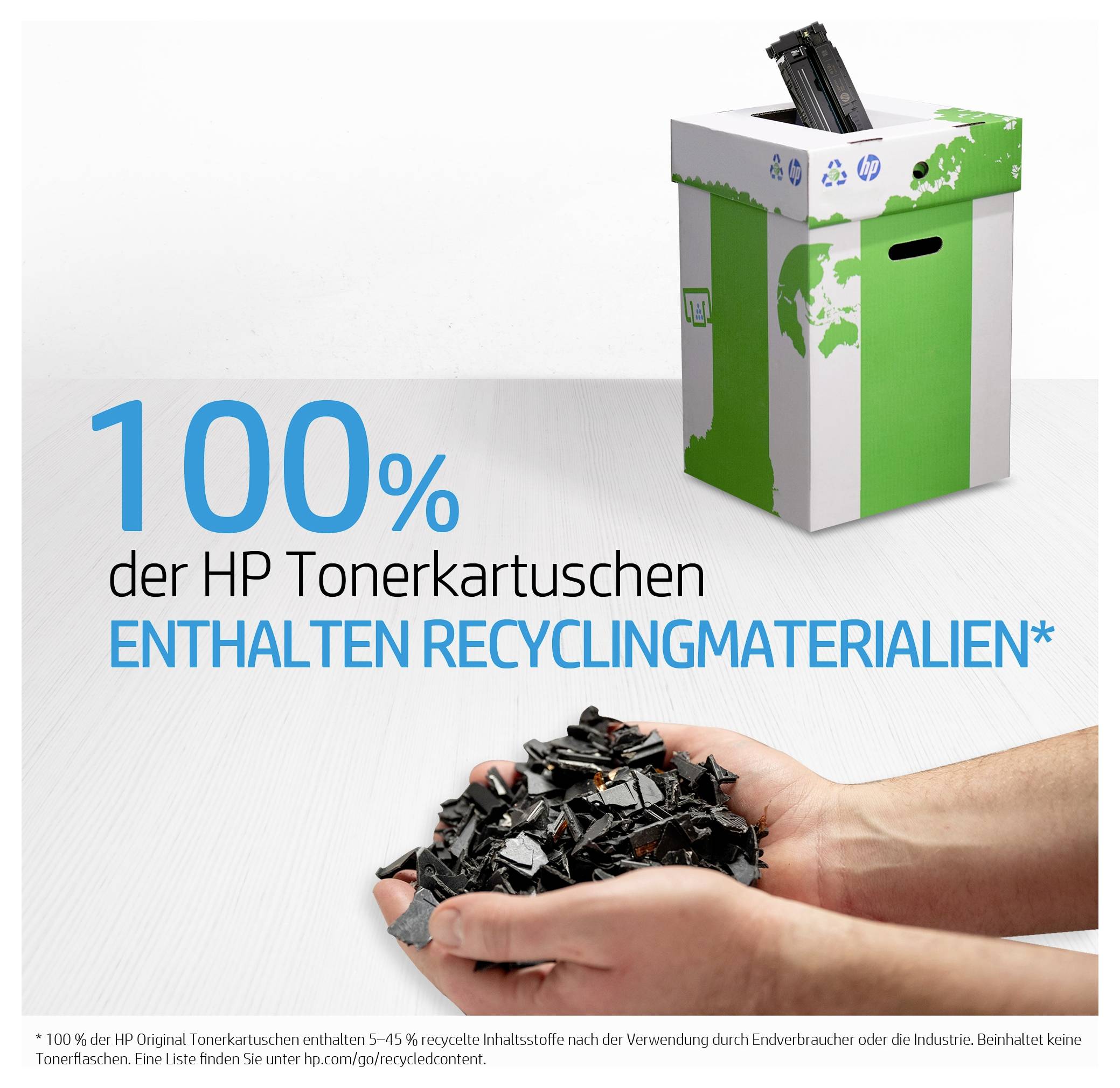 # Annonce HP<br><br>**100 % des cartouches de toner contiennent des matériaux recyclés**<br><br>[Image : Une boîte de recyclage avec des mains tenant des morceaux de plastique déchiqueté]