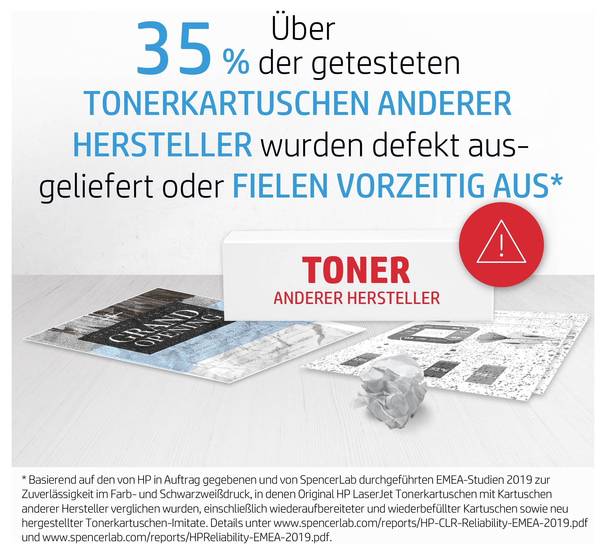 Une infographie allemande affirme que 35 % des cartouches de toner tierces testées étaient défectueuses ou ont connu une défaillance précoce, montrant une cartouche de toner et une icône d'avertissement.