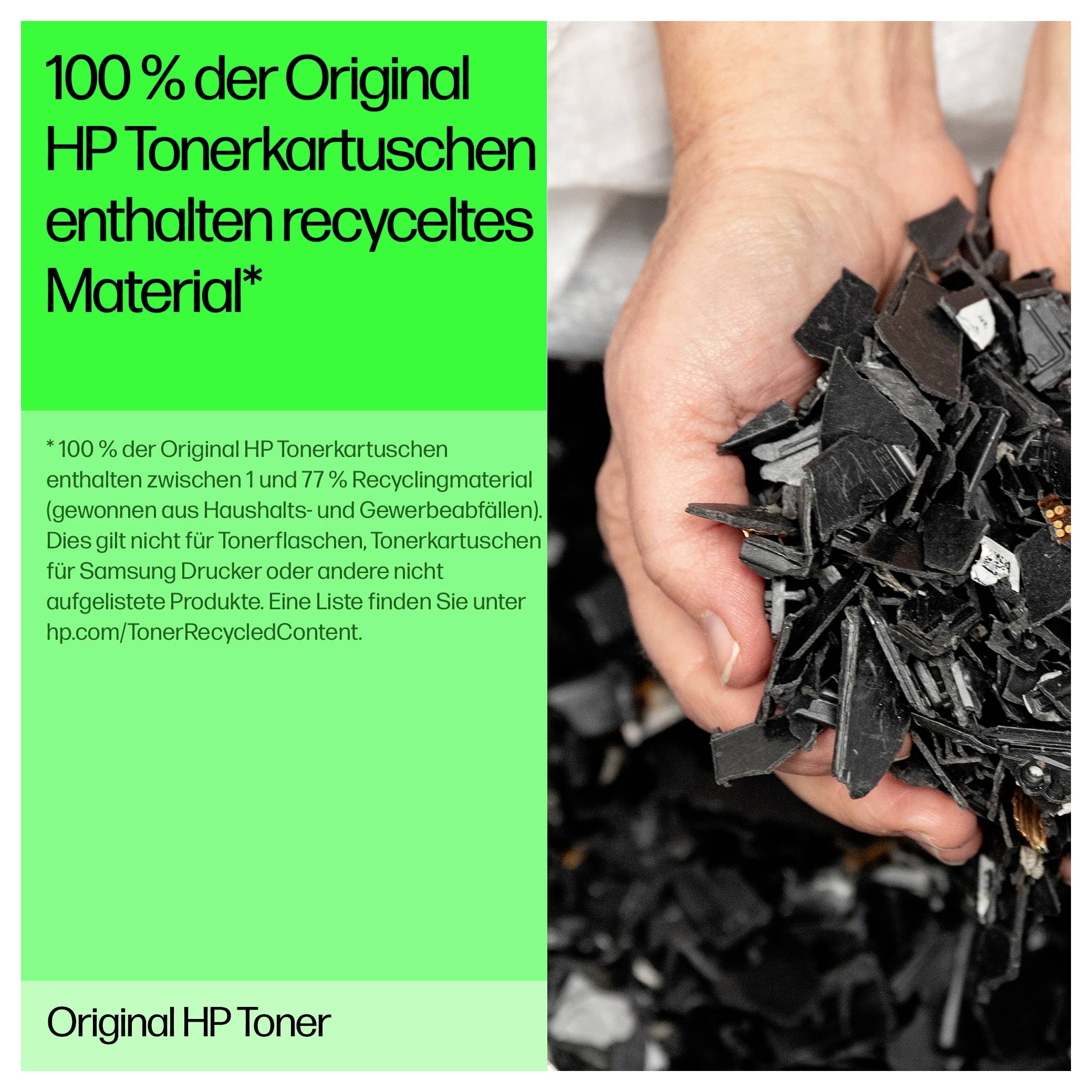 Cartouches de toner HP d'origine à 100% contiennent du matériau recyclé, présentées à côté de mains tenant du matériau plastique noir déchiqueté.
