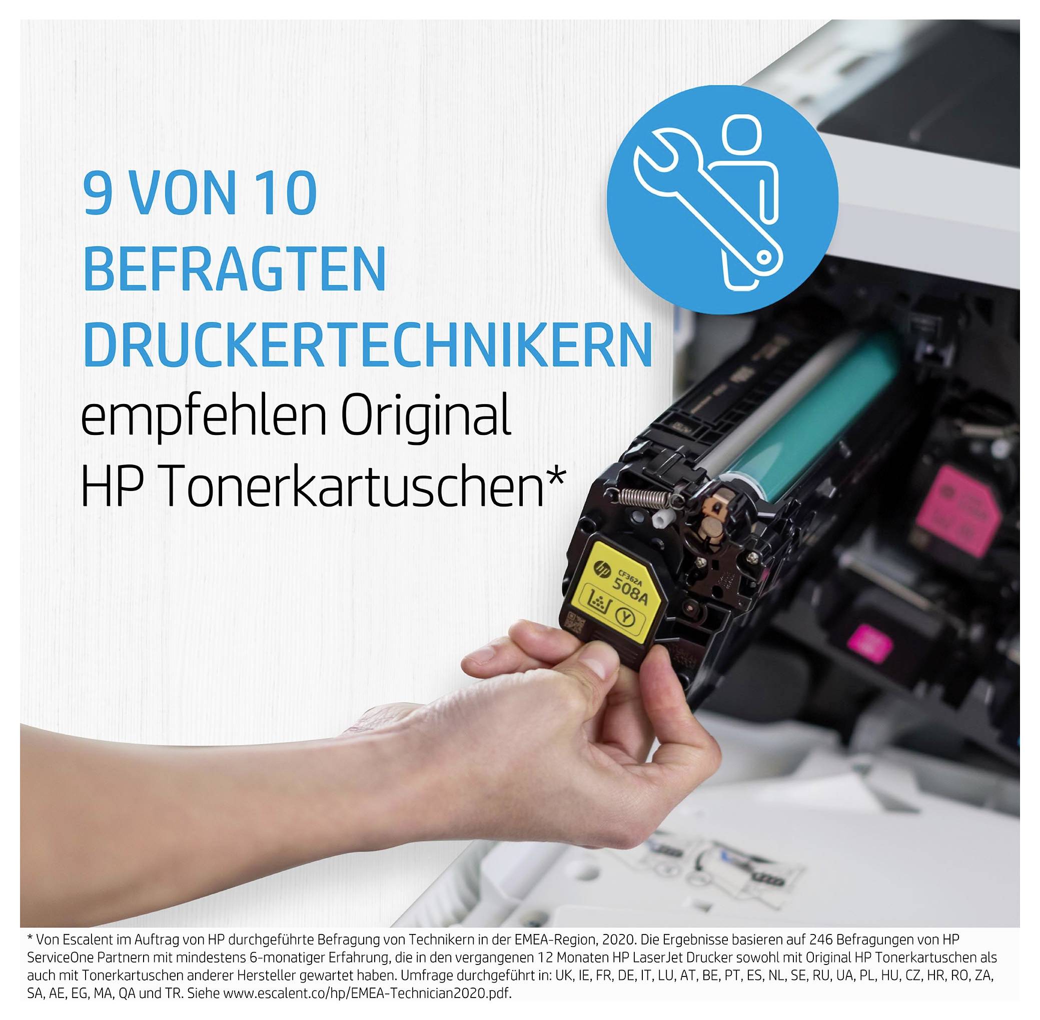Une publicité allemande affirme que 9 techniciens imprimantes sur 10 recommandent les cartouches de toner HP d'origine, présentée avec une main remplaçant une cartouche de toner dans une imprimante.