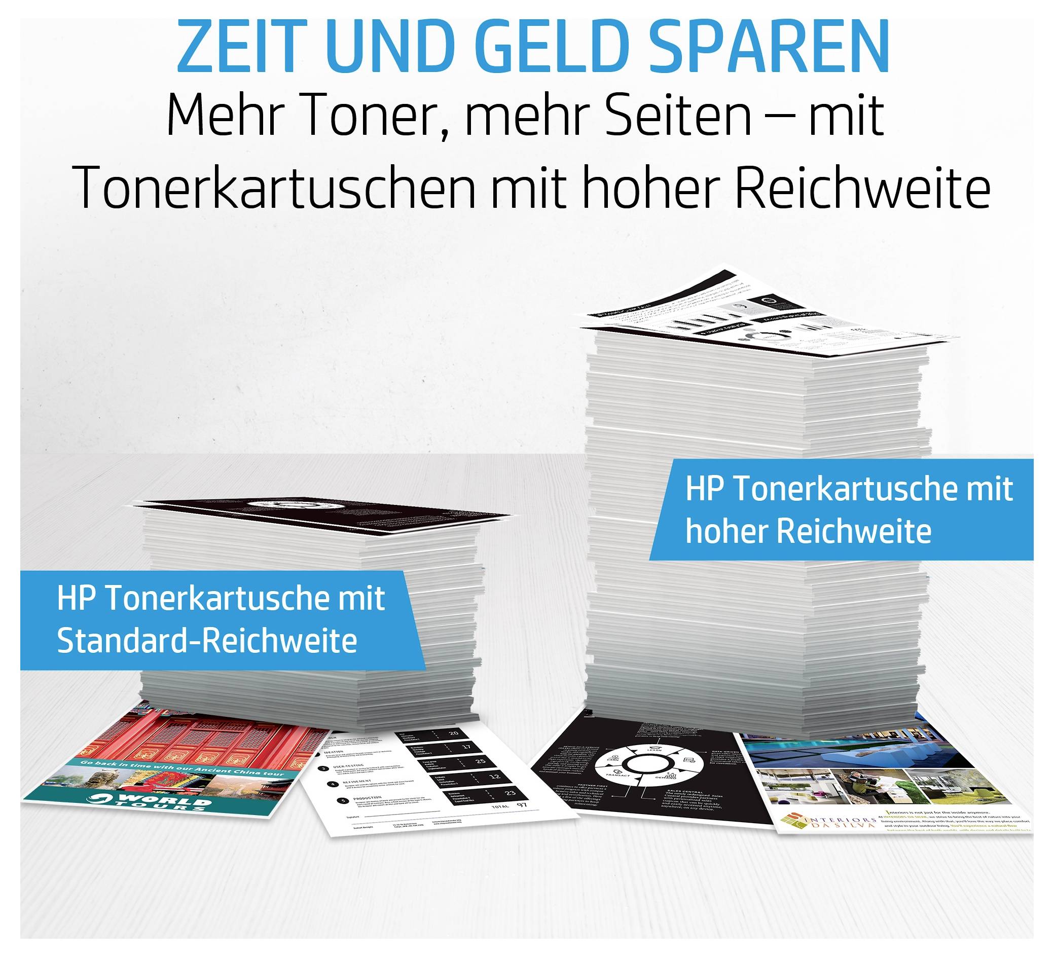 Économisez du temps et de l'argent. Les cartouches de toner haute capacité impriment plus de pages que les cartouches standard, comme le montrent les piles de papier plus hautes.