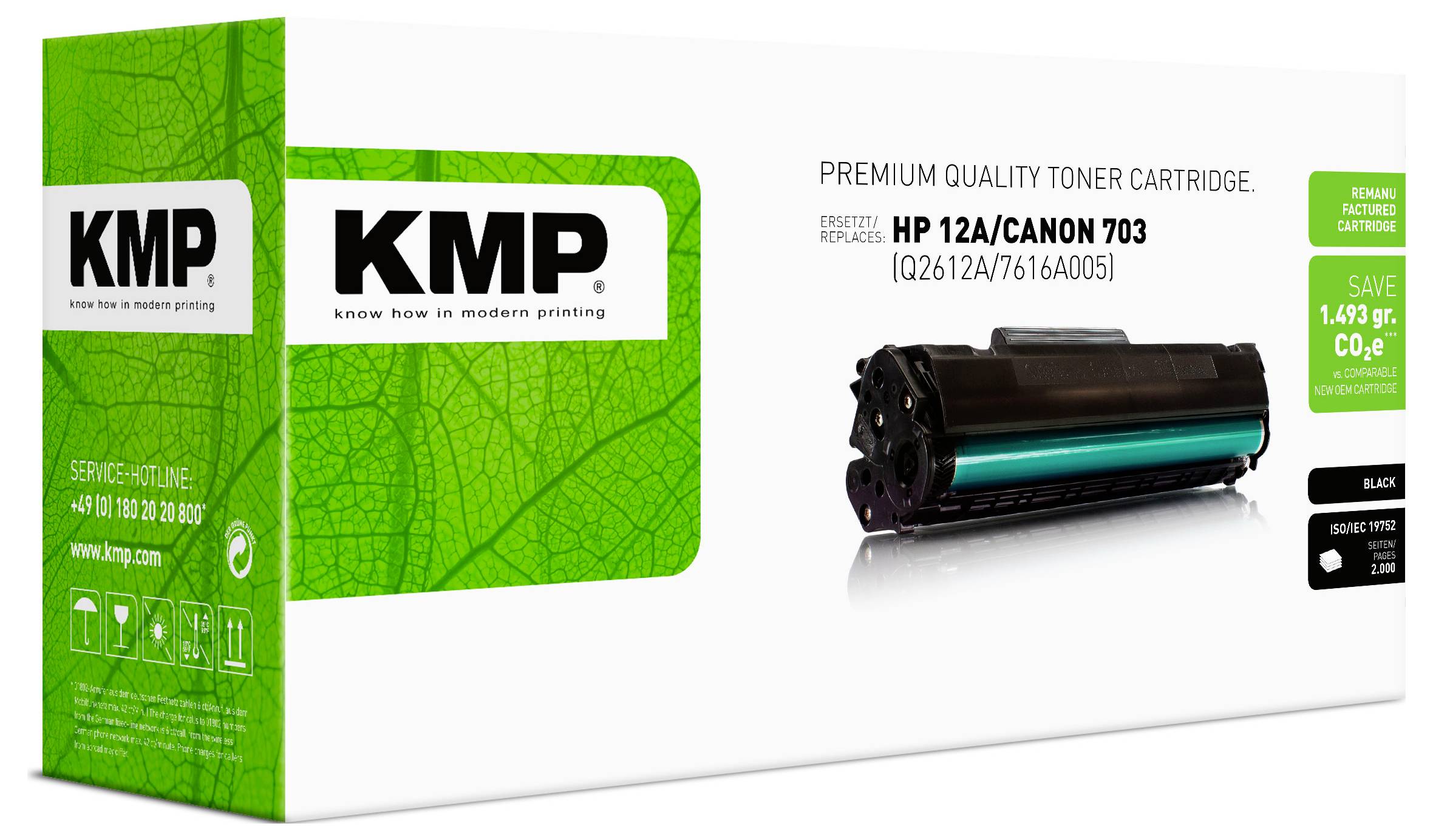 Emballage de cartouche de toner de qualité premium KMP pour HP 12A/Canon 703, montrant une cartouche de toner noire et des étiquettes écologiques vertes.