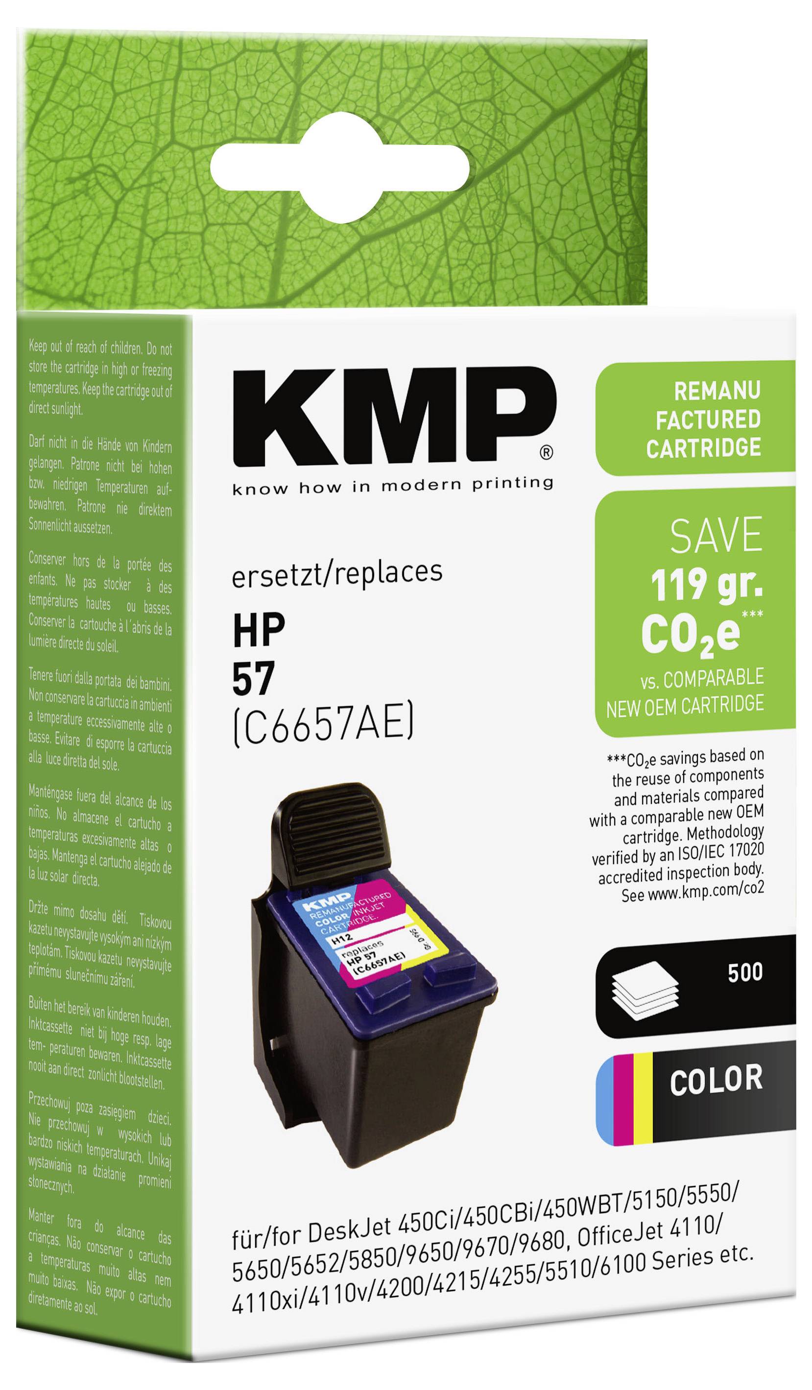 Boîte de cartouche d'encre couleur réusinée KMP pour HP 57 (C6657AE), avec « économiser 119 g CO2e » et compatibilité avec les imprimantes à jet d'encre de bureau.