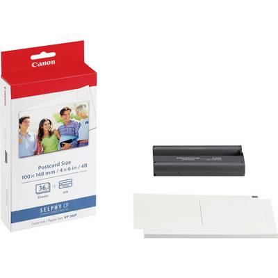 Pack de papier photo et cartouche d'encre pour imprimantes Canon SELPHY, format carte postale, avec un exemple d'image imprimée sur l'emballage.