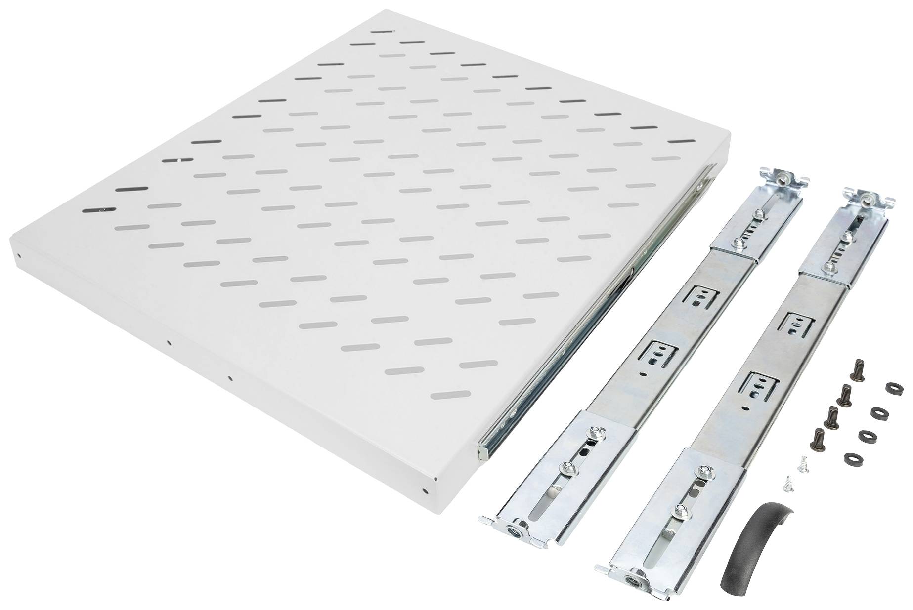 Tiroir métallique et accessoires de montage ; comprend des rails, des vis et une poignée ; adapté aux meubles ou aux applications industrielles.