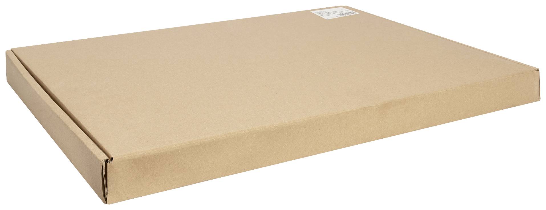 Une boîte plate et rectangulaire, probablement utilisée pour l'envoi de posters ou d'objets plats. Une étiquette est située en haut à droite.