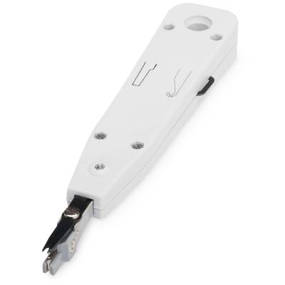 Un outil de câblage blanc avec une pointe métallique pour insérer des câbles dans des prises téléphoniques ou des ports réseau.