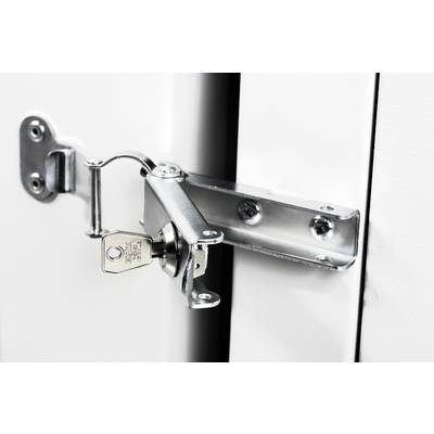 Charnière métallique avec un mécanisme de fermeture et une clé, montée sur une porte blanche, symbolisant la sécurité et la fermeture.