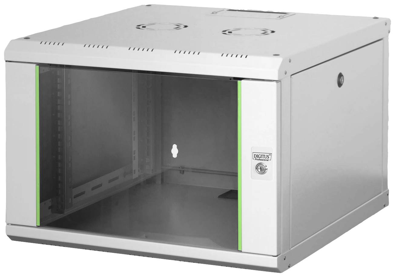 Un rack serveur mi-taille en métal gris avec une porte avant transparente et des touches vertes, adapté aux équipements informatiques.