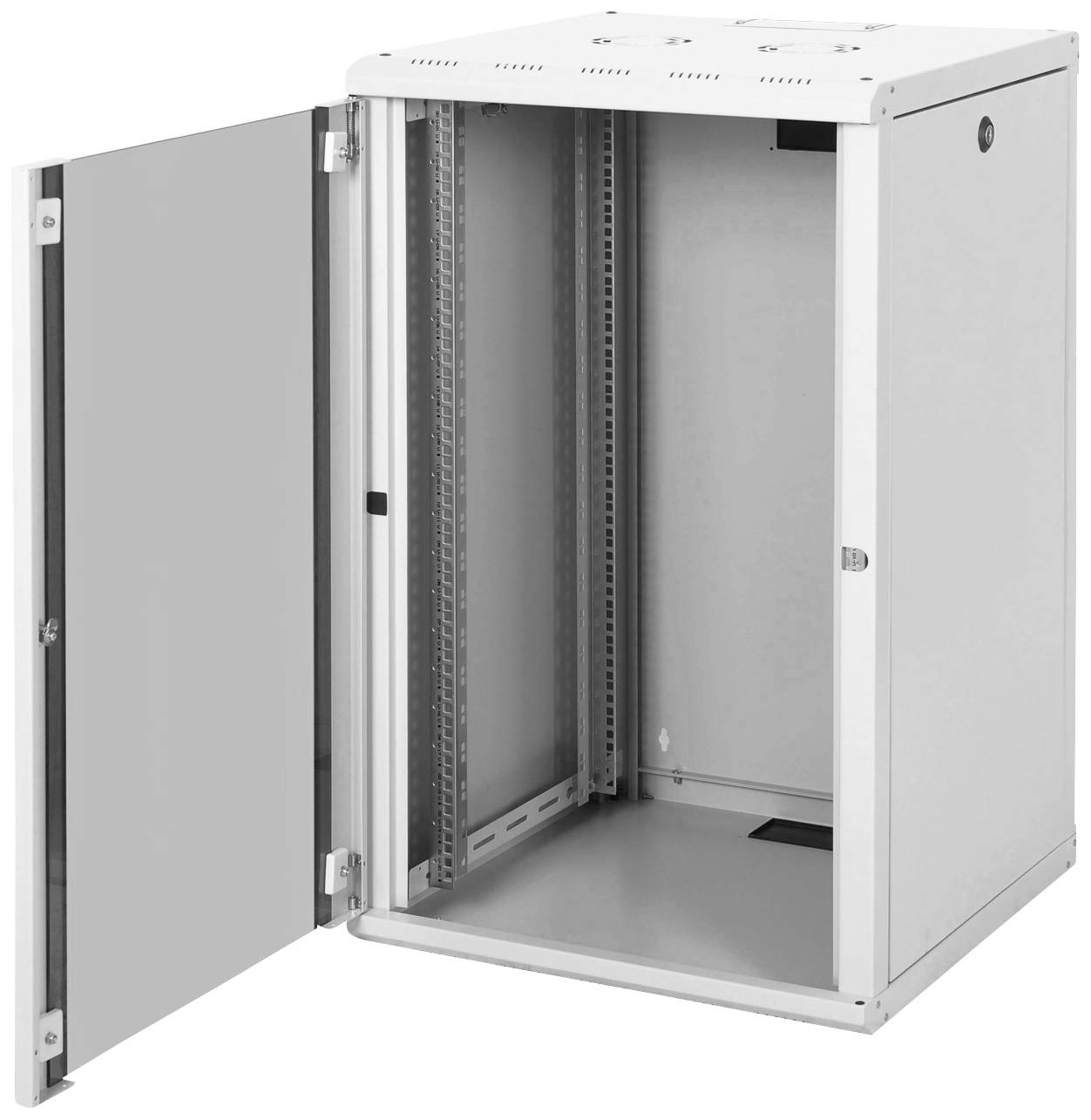 Armoire métallique ouverte et vide pour équipements électroniques ou réseau, avec porte amovible, adaptée à l'installation de baies serveur.