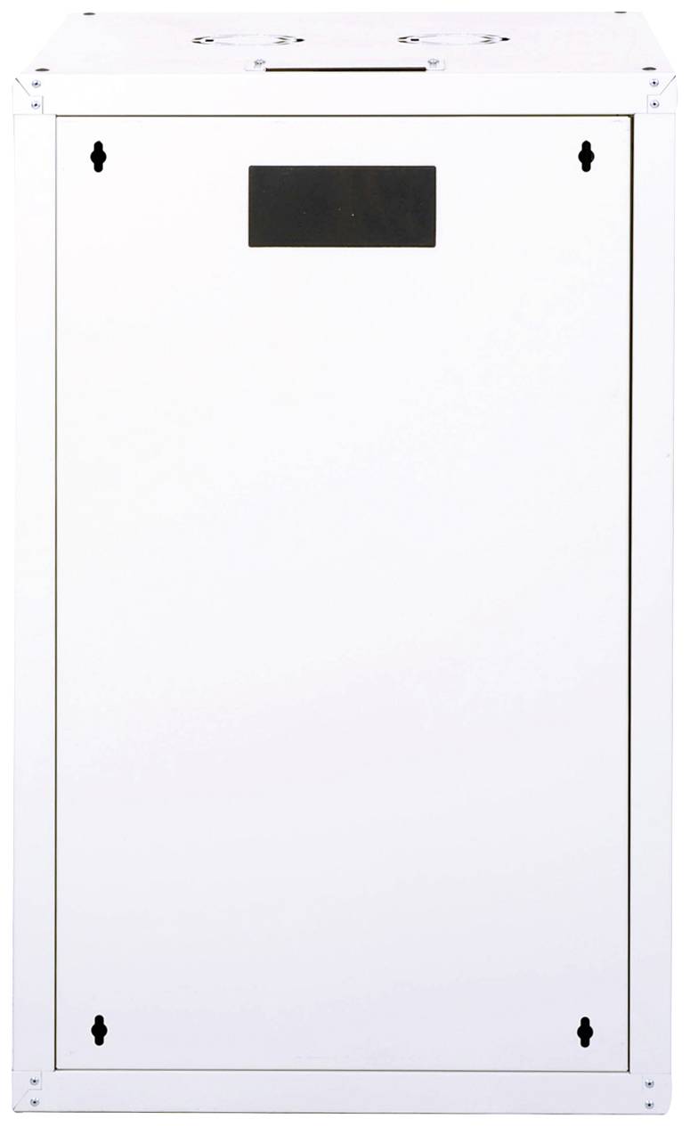 Un boîtier métallique blanc avec un rectangle noir au centre en haut. Coins fixés par des vis. Aucun autre détail visible.