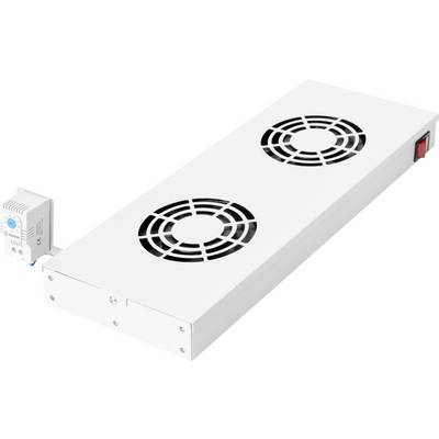 Une unité de ventilateur rectangulaire blanche avec deux évents circulaires, une petite boîte de contrôle attachée sur le côté, et un interrupteur rouge sur le bord.