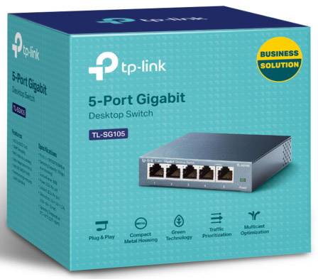 Commutateur de bureau Gigabit à 5 ports de TP-Link dans son carton. Modèle TL-SG105, adapté aux solutions professionnelles. Caractéristiques : Plug&Play, boîtier métallique, économie d'énergie, priorisation des données, optimisation réseau.