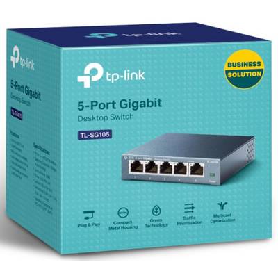 Commutateur de bureau Gigabit à 5 ports de TP-Link dans son carton. Modèle TL-SG105, adapté aux solutions professionnelles. Caractéristiques : Plug&Play, boîtier métallique, économie d'énergie, priorisation des données, optimisation réseau.