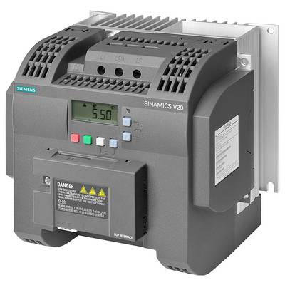 Un variateur de fréquence Siemens Sinamics V20 gris-noir avec affichage numérique indique la valeur '5.0'.