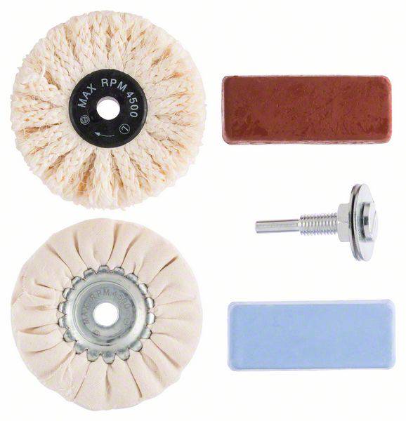 Un ensemble de polissage comprenant deux disques de polissage, un support métallique et deux pâtes à polir de différentes couleurs. Idéal pour le polissage de surfaces.