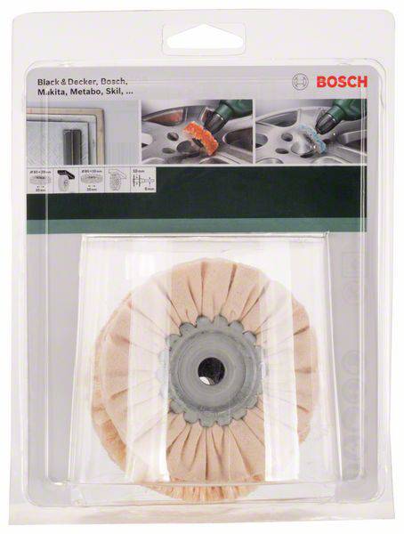 Disque de polissage emballé pour perceuses. Marques sur l'emballage : 'Black & Decker, Bosch, Makita, Metabo, Skil'.