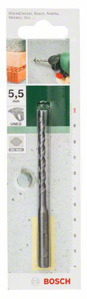 Emballage de foret Bosch, 5,5 mm pour béton et métal. Illustration du foret et exemples d'application en haut à gauche.