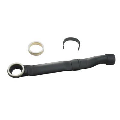 Tube en plastique noir avec extrémité coudée, entouré de deux bagues d'étanchéité blanches et d'un clip de fixation noir. Pièce de rechange pour moteurs de véhicules.