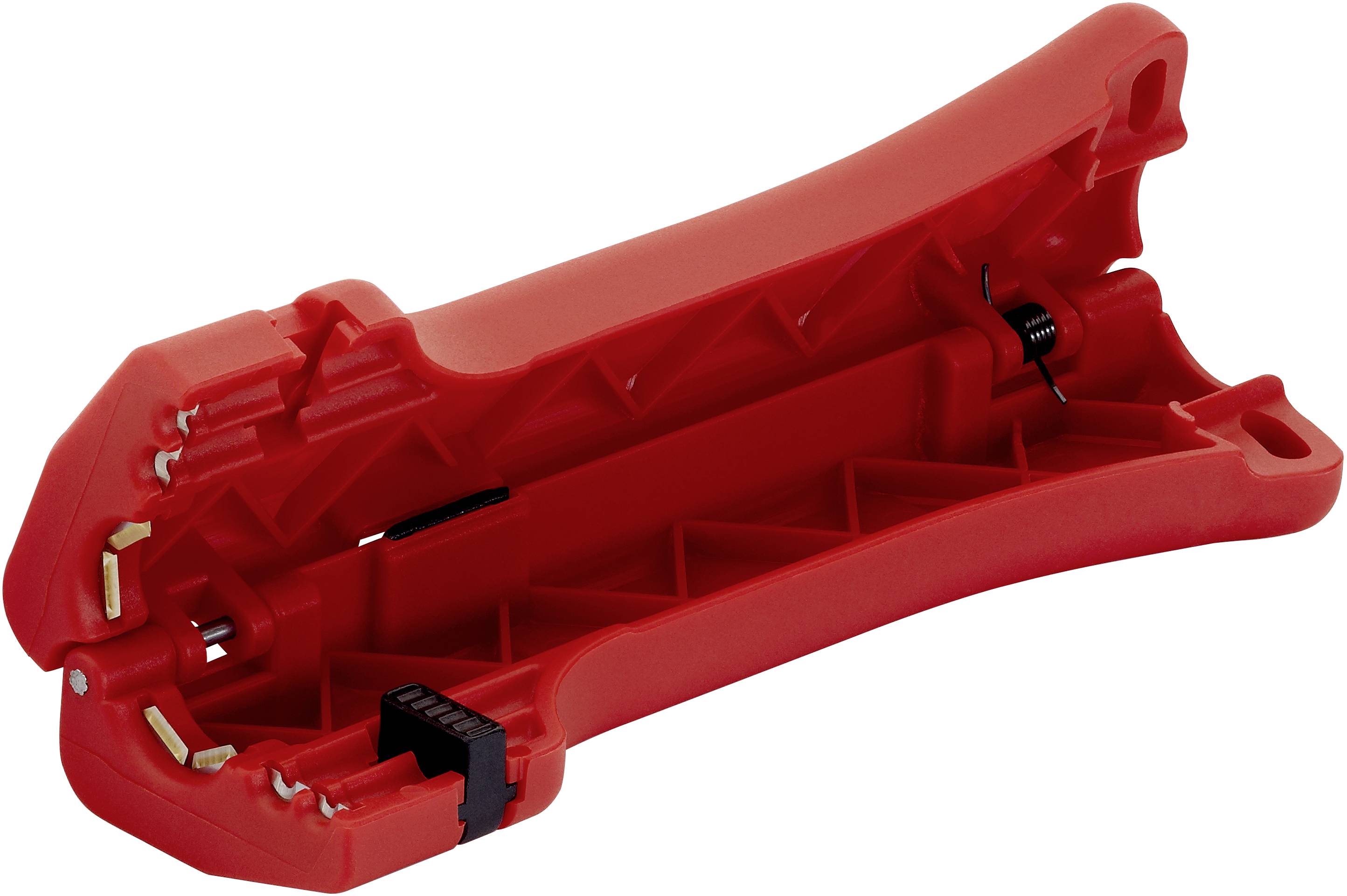 Un boîtier à outils rouge ouvert avec plusieurs compartiments et un clip noir de sécurisation. Principalement utilisé pour protéger et transporter des outils.