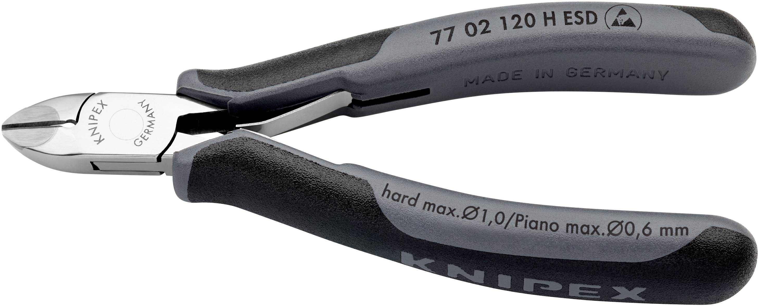Pince coupante avec manche noir, portant l'inscription 'Knipex Germany'. Adaptée pour couper des fils durs jusqu'à 0,6 mm. Fabriquée en Allemagne.