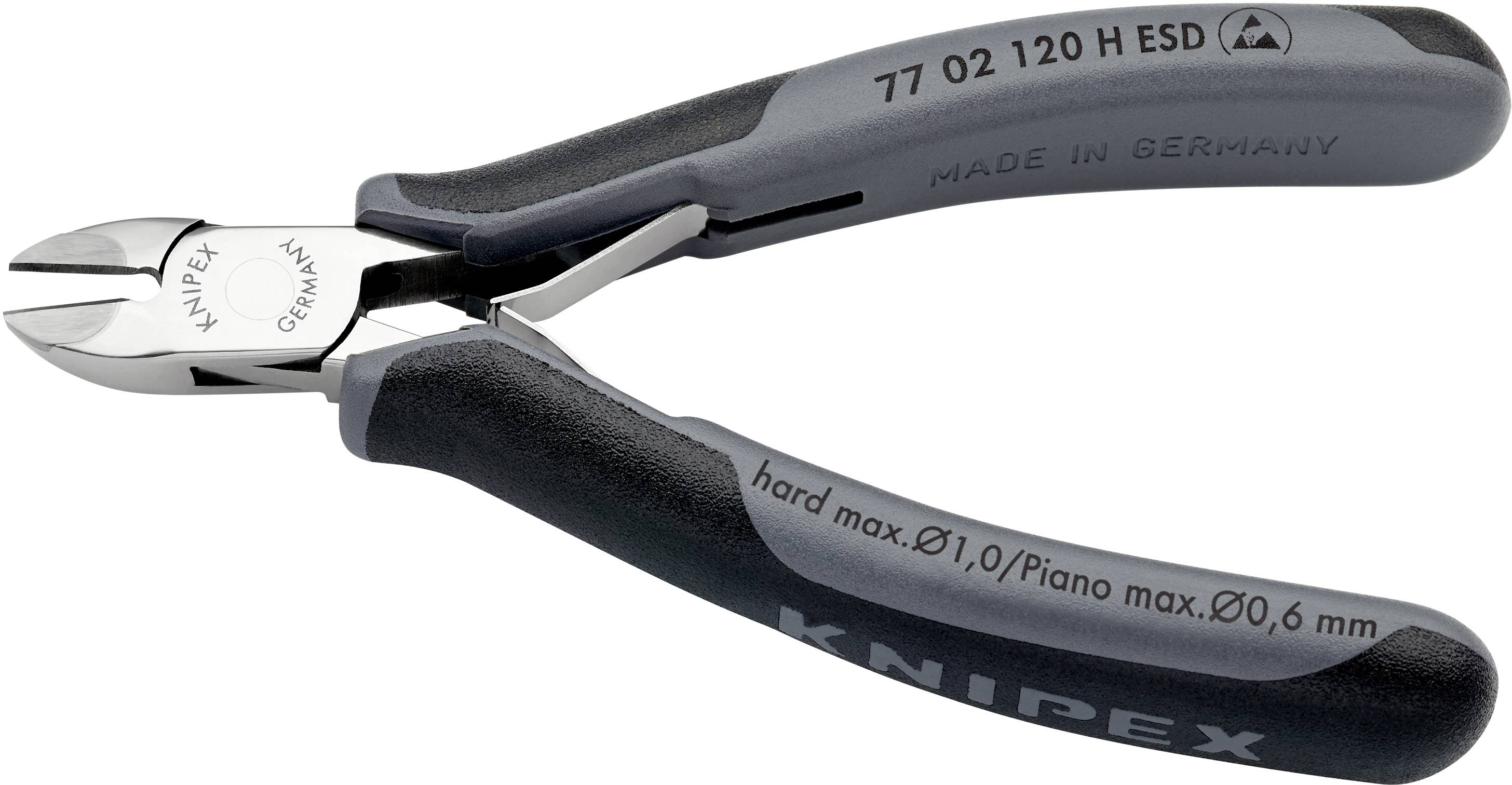 Coupe-côtés en acier avec poignées noires. Inscription : 'Knipex', 'MADE IN GERMANY', adapté pour les fils durs jusqu'à 0,6 mm.