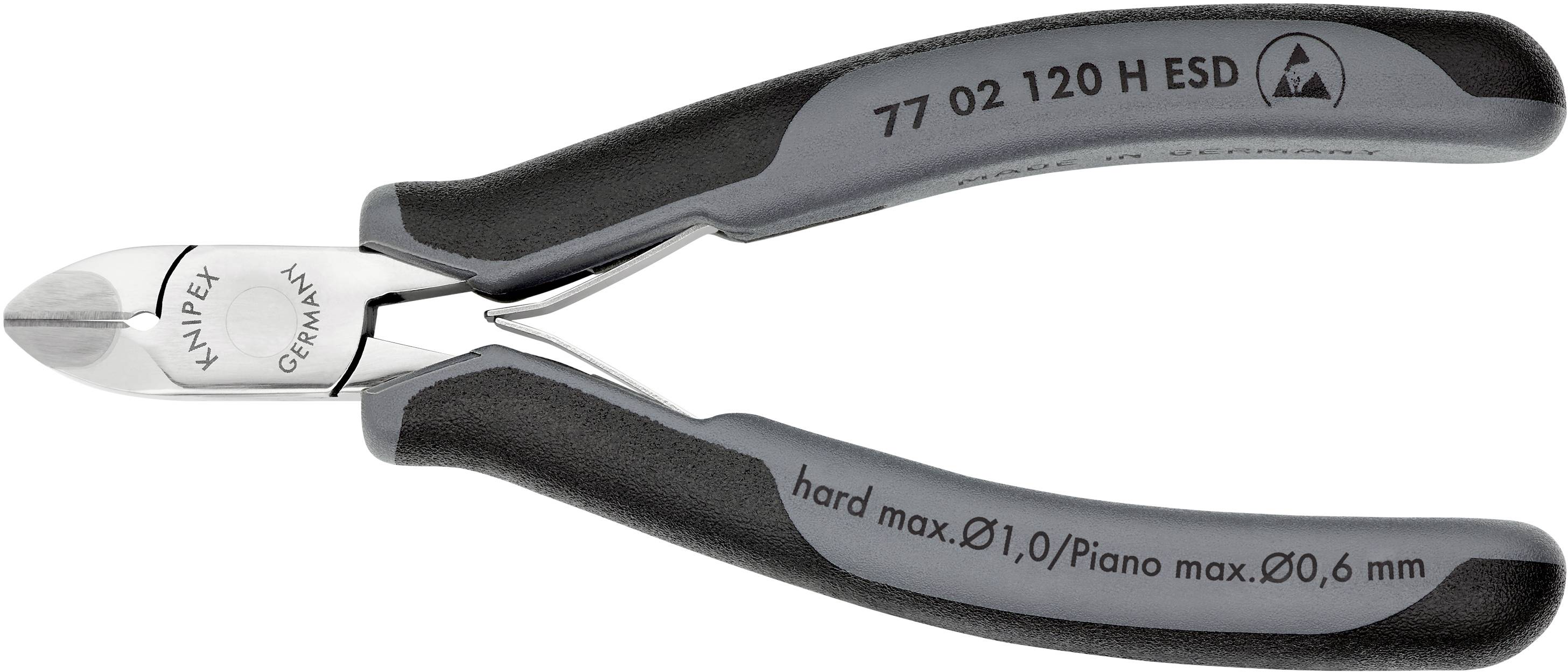 Pince coupante, coupe moyenne, poignées noires, inscription 'Knipex Germany', adaptée pour fils durs jusqu'à 1,0 mm et fil de piano jusqu'à 0,6 mm.
