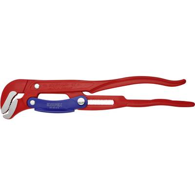 Pince à tuyau rouge avec des détails bleus, adaptée pour saisir et tourner des tuyaux de différentes tailles.