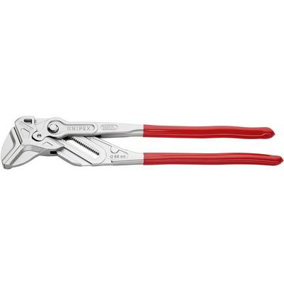 Une pince à tube en argent avec des poignées rouges, portant la mention 'Knipex' sur l'outil, montre ses mécanismes de réglage et de préhension.