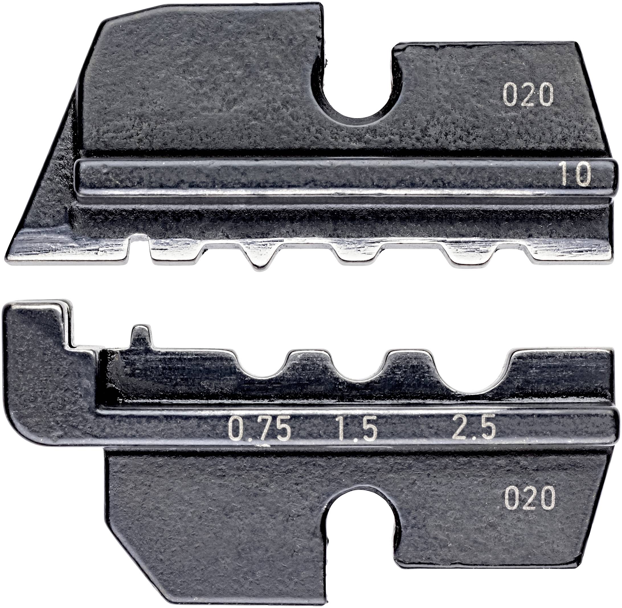 Deux pièces métalliques noires avec des chiffres et des marques gravés : En haut '020', à droite '10', en bas '020' ; d'autres marques '0.75', '1.5', '2.5' sont visibles.