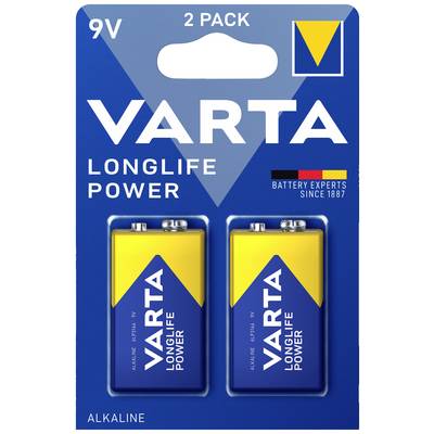 Piles 9V 'Varta Longlife Power', lot de 2, en emballage bleu et jaune. Caractéristiques principales : Alcaline, pour une énergie de longue durée.