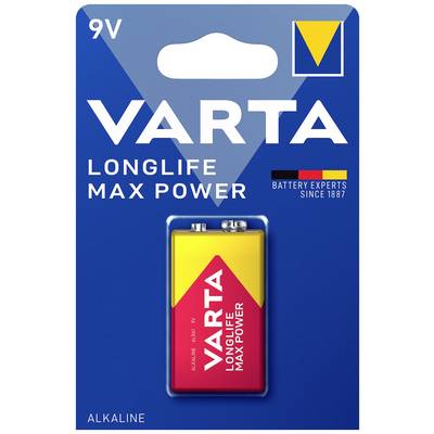 Pile alcaline 9V de Varta, emballée. Inscription : « LONGLIFE MAX POWER ». Emballage en bleu et jaune avec le logo Varta.