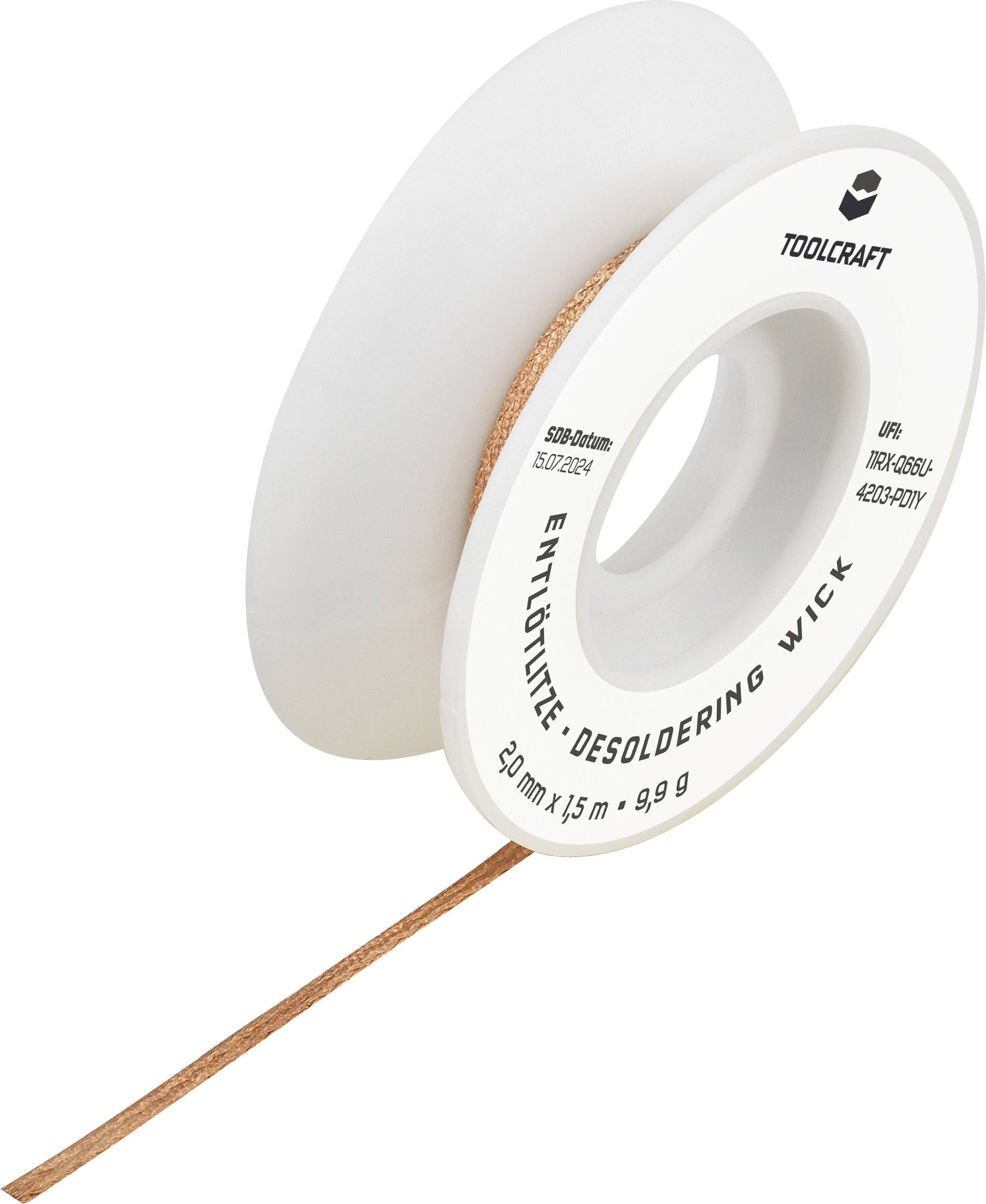 Tresse à dessouder sur une bobine blanche de Toolcraft, 2,0 mm x 1,5 m, pour l'élimination de l'étain à souder lors de réparations électroniques.