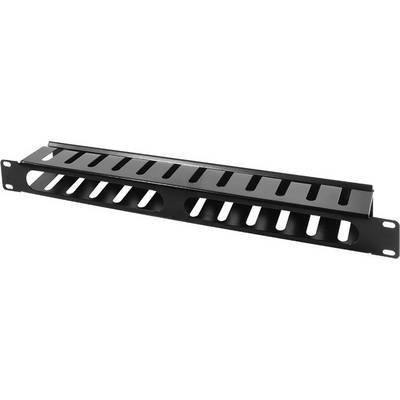 Panneau de gestion de câbles noir avec des fentes horizontales pour l'organisation des câbles dans un rack 19 pouces.
