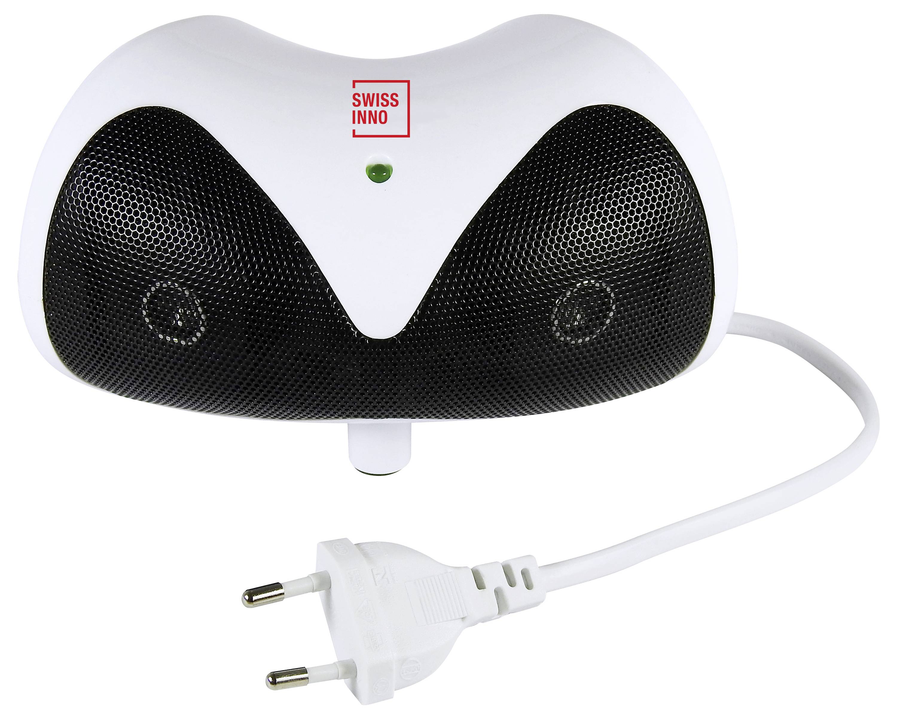 Un répulsif anti-nuisibles ultrasonique blanc à brancher, avec des grilles d'enceintes noires et un petit voyant lumineux vert.