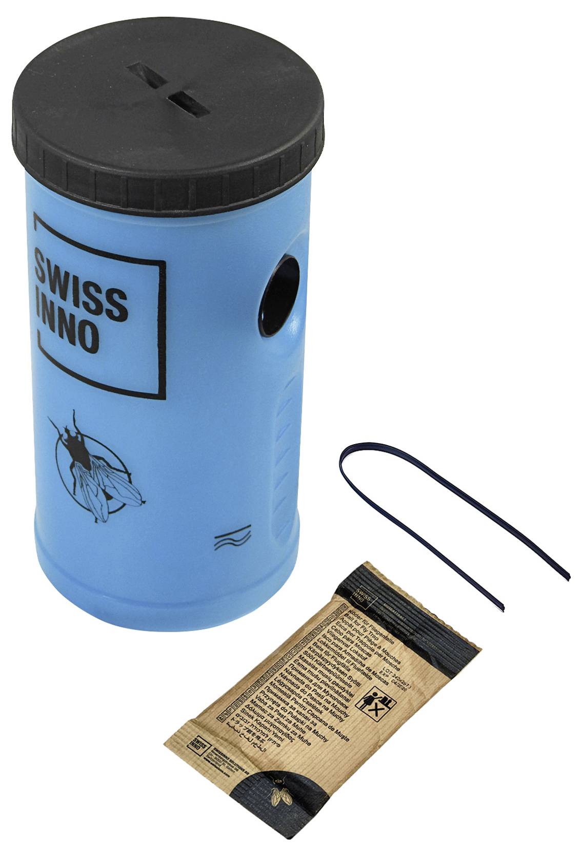 Un conteneur cylindrique bleu étiqueté 'Swiss Inno' avec un couvercle noir, accompagné d'un petit sachet brun et d'une ficelle noire.