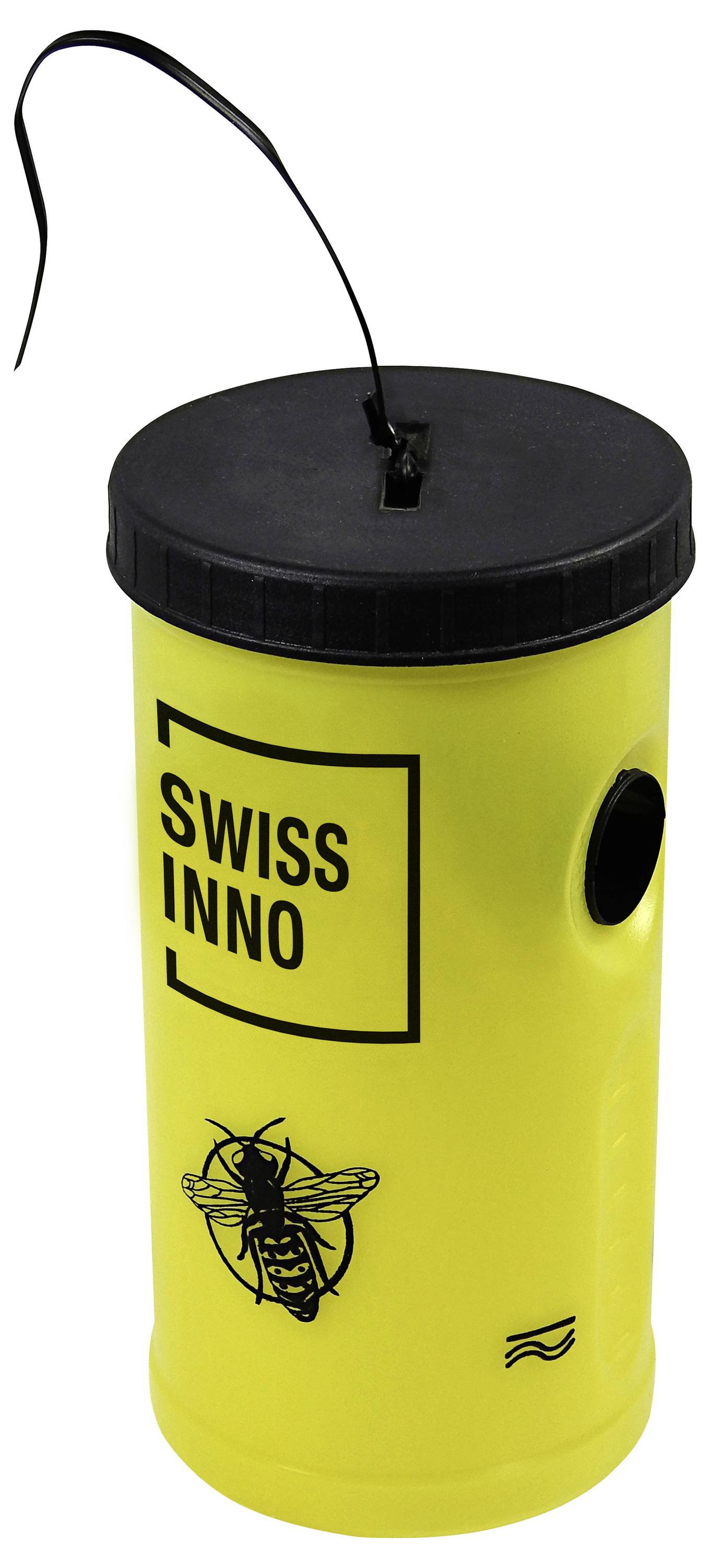 Piège à guêpes jaune 'Swiss Inno' avec un couvercle noir et une sangle de suspension, conçu pour capturer et contrôler efficacement les guêpes.