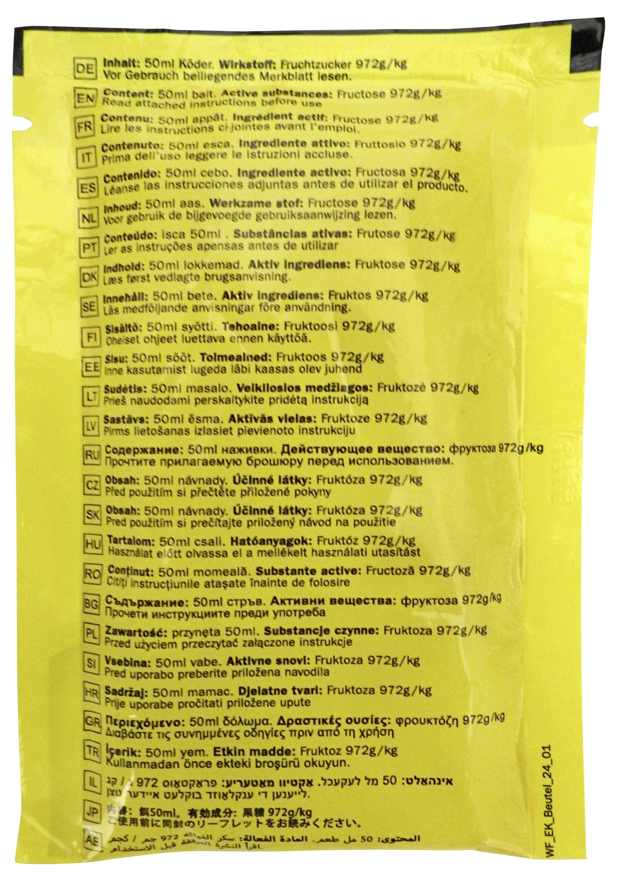 Emballage pour produit de contrôle des nuisibles. Instructions incluses en plusieurs langues. Ingrédient actif : fructose 972g/kg, appât liquide.