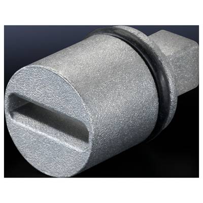 Cylindre métallique avec une ouverture étroite horizontale et un anneau de caoutchouc noir au centre ; probablement un composant technique.